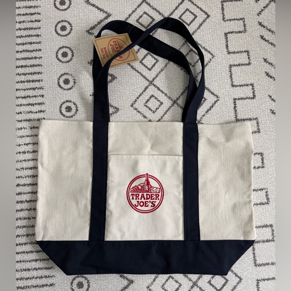 Trader Joe's Canvas Tote Bag in Cream and Navy